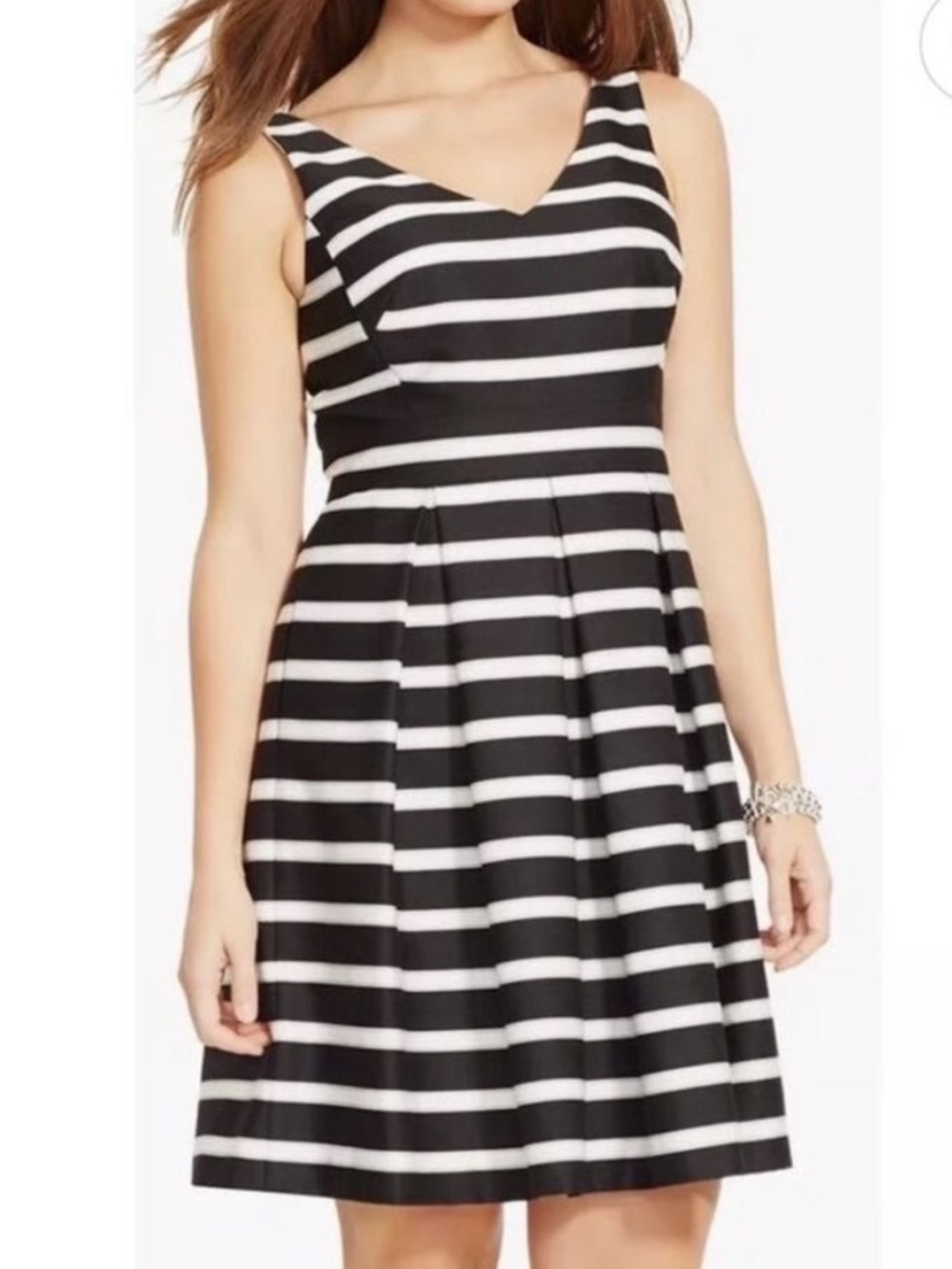Ralph Lauren Black and White Striped V neck Midi Dress sz 14